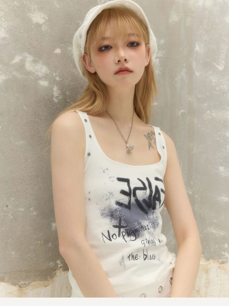 Imp Graffiti Printed Backless Hooded Neck Cami T-Shirt