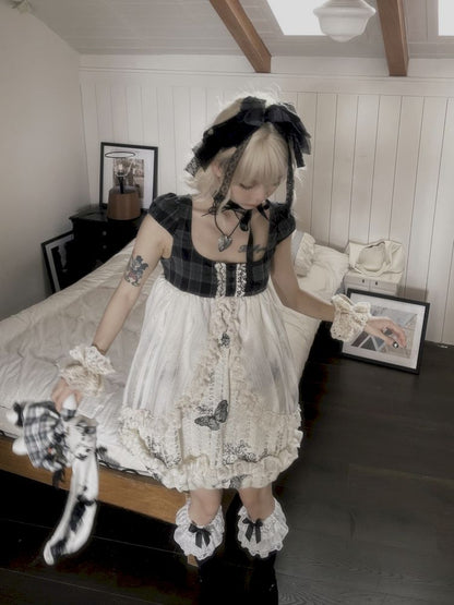 Butterfly Embroidered Lattice Lace Patchwork Antique Doll Dress