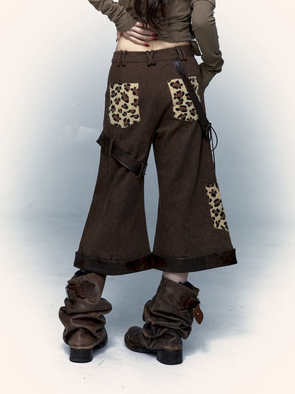 Leopard Leather Loose Low Waist Contour Seven Pants