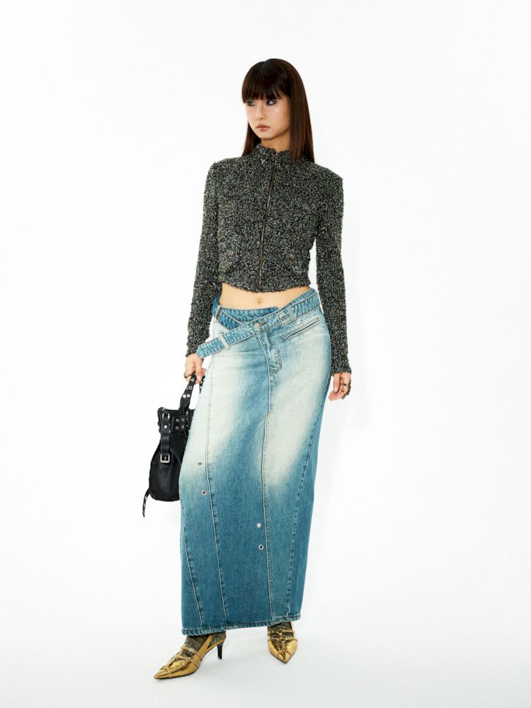 Washed denim slimming straight long half skirt