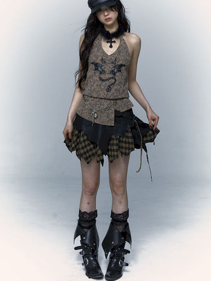 Embroidered Leopard Print Hanging Neck Vest Camisole