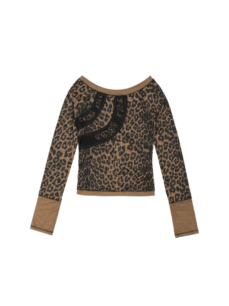 Leopard print one-shoulder shirt