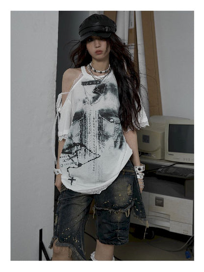 Spliced Lace Strapless Loose Slim Short Sleeve T-Shirt