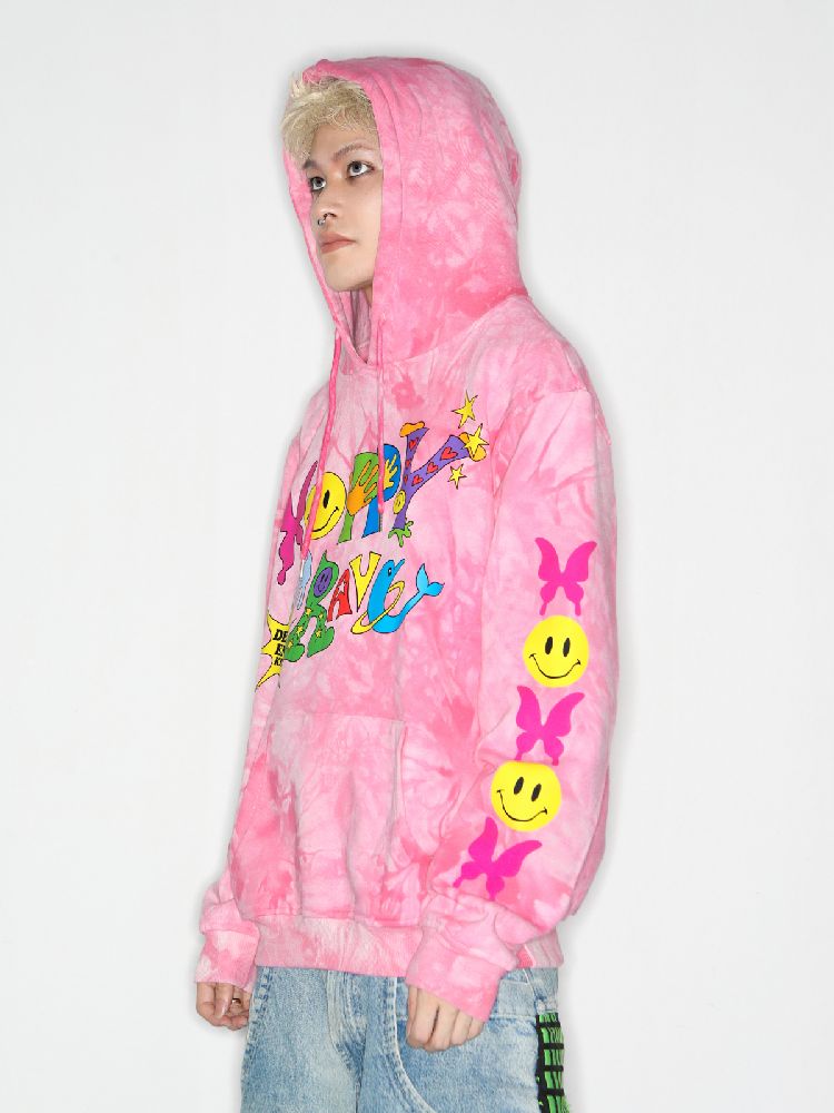 Smiley Pink Tie-Dye Hooded Sweatshirt