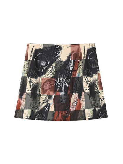 Checkerboard Graffiti All Over Print Skirt