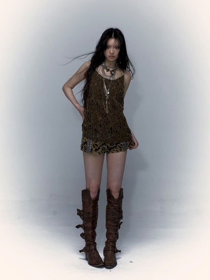 Slouchy Old Hollowed Out Loose Flocked Lace Vest