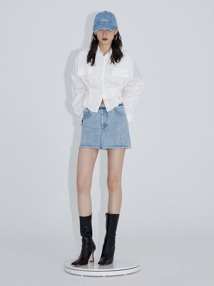 Pinch Pleated Curved Sleeve Short Shirt