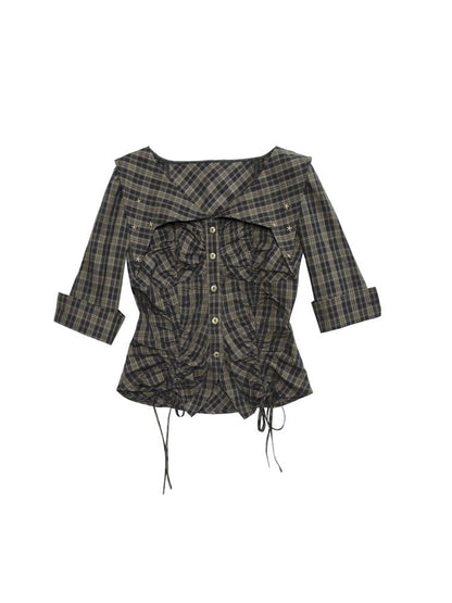 Pleat Plaid Short Mid Sleeve Shirt