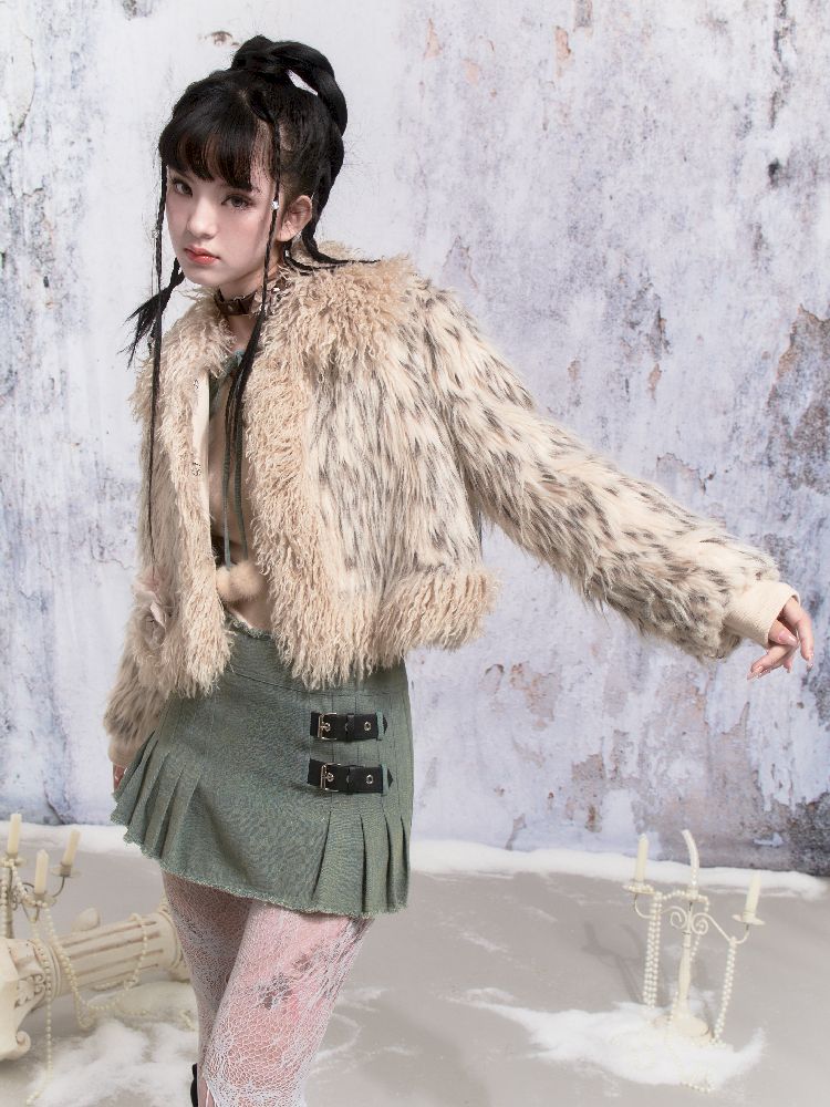 Beige Stripe Patchwork Fox Fur Coat