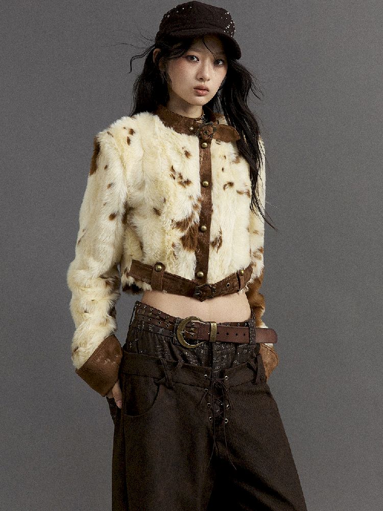 Patchwork collar short fur coat