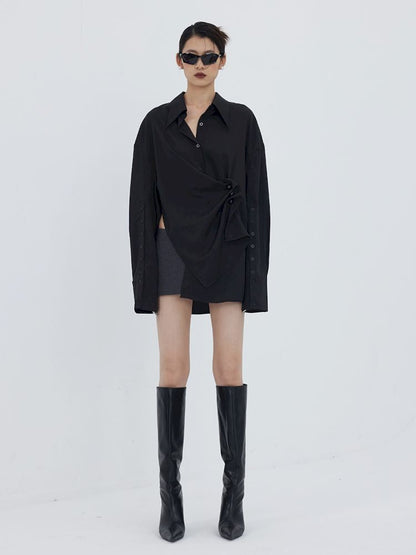 Asymmetric Hem Pleated Loose Pointed Collar Shirt