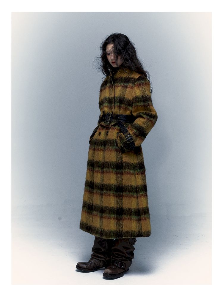 Reversible plaid patchwork leather trench coat