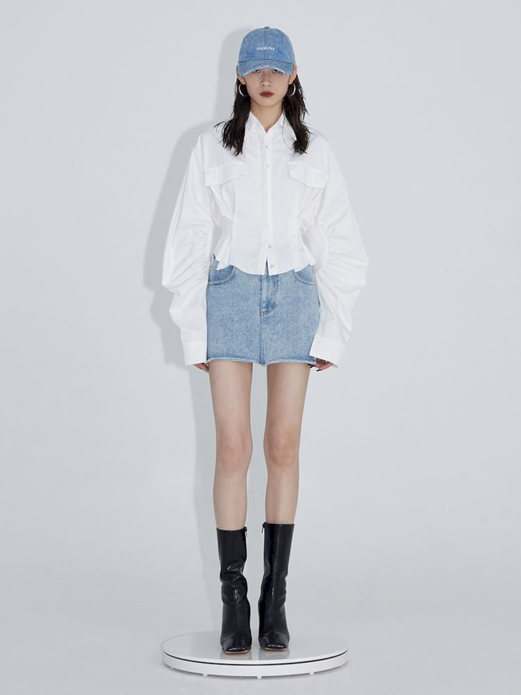 Pinch pleated broken holes Raw edge denim skirt