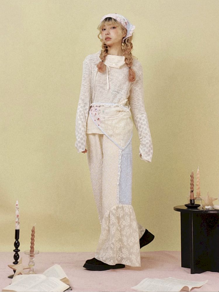 Lace Splicing Wide Leg Flared Pants