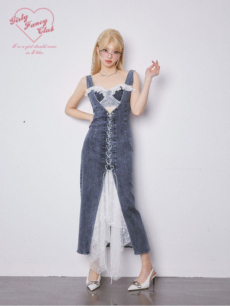 Lace Splicing Lace Tie Slim Split Denim Long Skirt