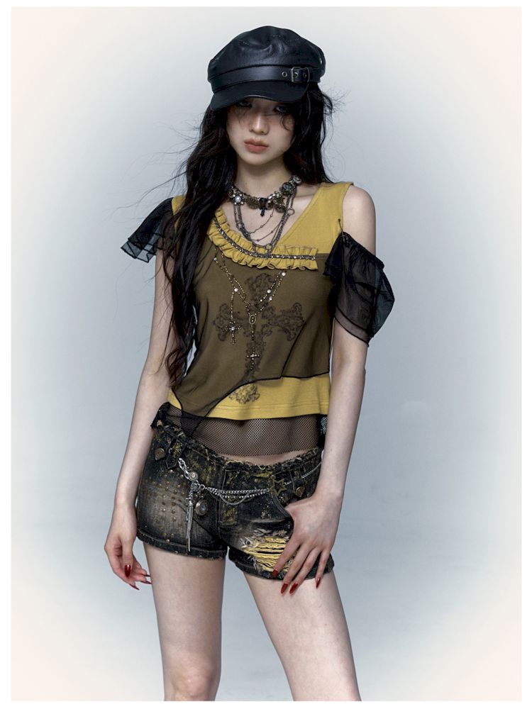 Asymmetric Spliced Mesh Rhinestone Printed Short Sleeve T-Shirt