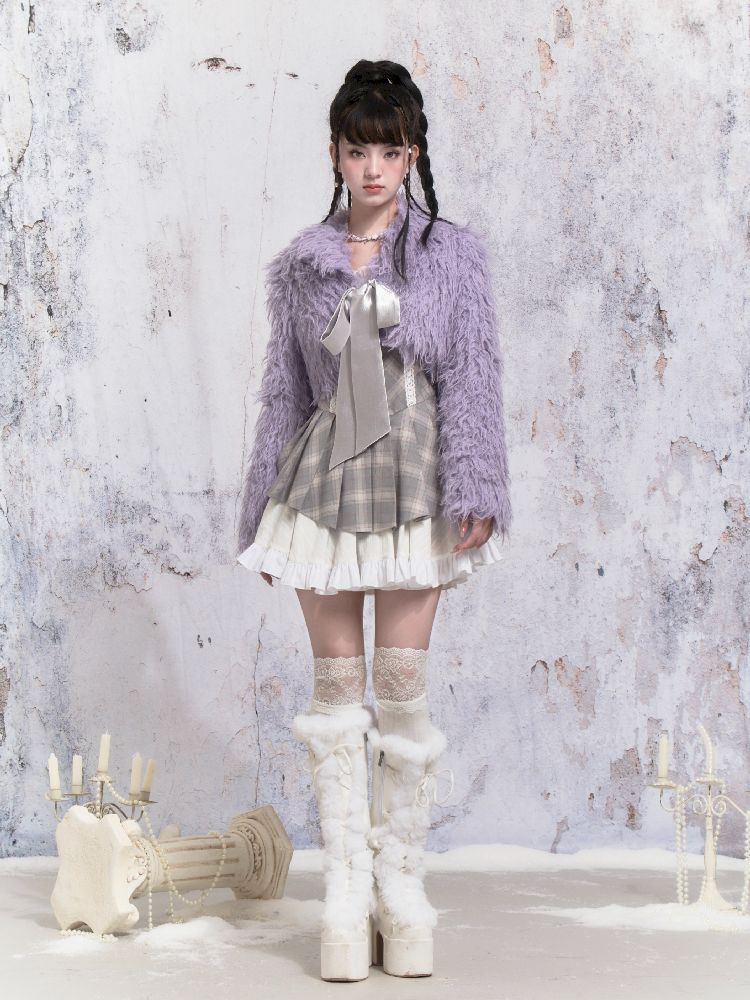 Purple Fox Fur Bow Shoulder Jacket