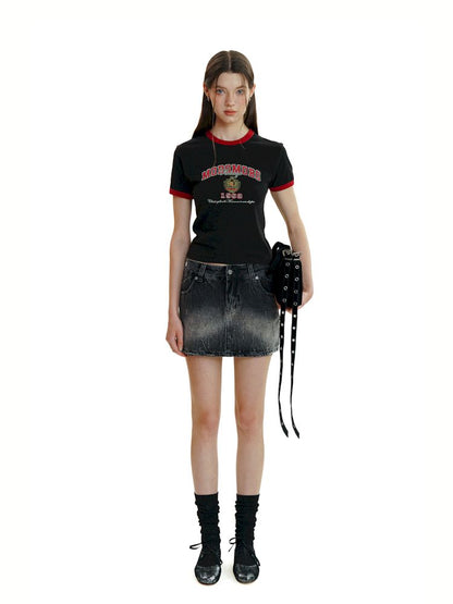 Gradient Spray Horsebit Worn Tie Flower Denim Short Skirt