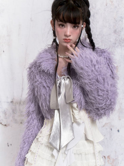 Purple Fox Fur Bow Shoulder Jacket