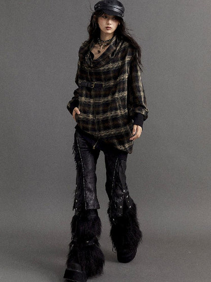 Loose plaid asymmetrical sweater jacket