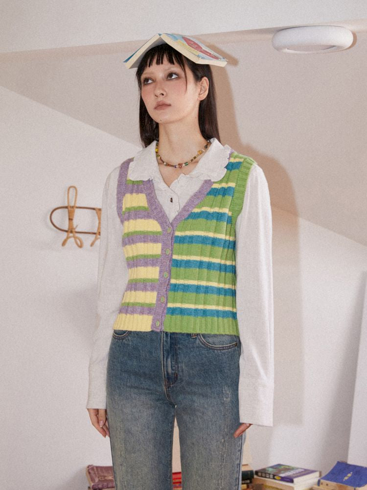 Striped Layered Knit Cardigan Vest