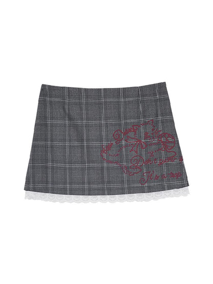 Cat Printed Gray Plaid Skirt