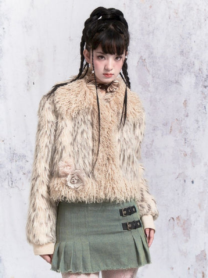 Beige Stripe Patchwork Fox Fur Coat