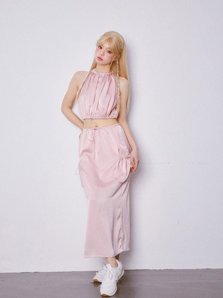 Drawstring Sleeveless Top and Half Skirt Set