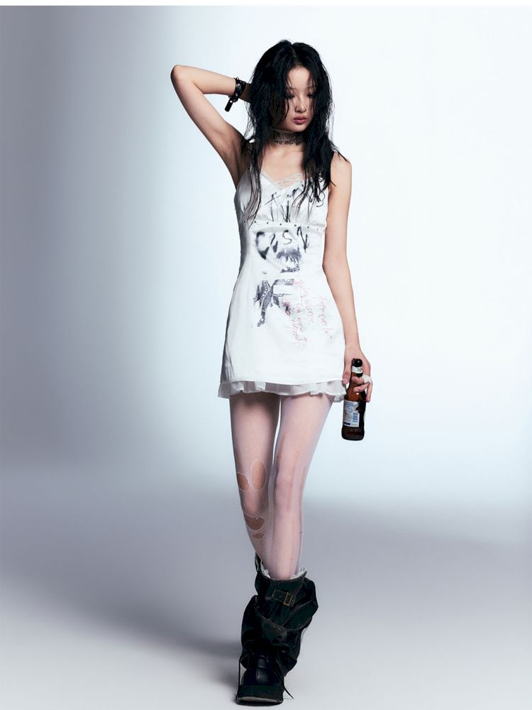 Graffiti Printed Satin Halter Dress