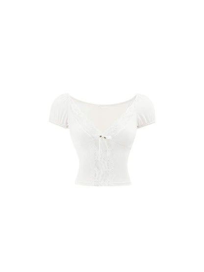 Heart Micro See Through Lace V-Neck Short Sleeve Tee