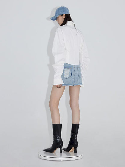 Pinch Pleated Curved Sleeve Short Shirt