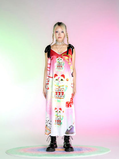 Fortune Cat Printed Silk Halter Dress