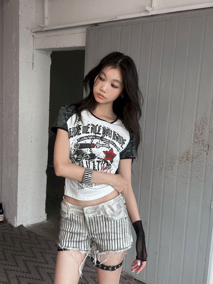 American Vintage Letter Embroidery Knit Short Sleeve T-Shirt