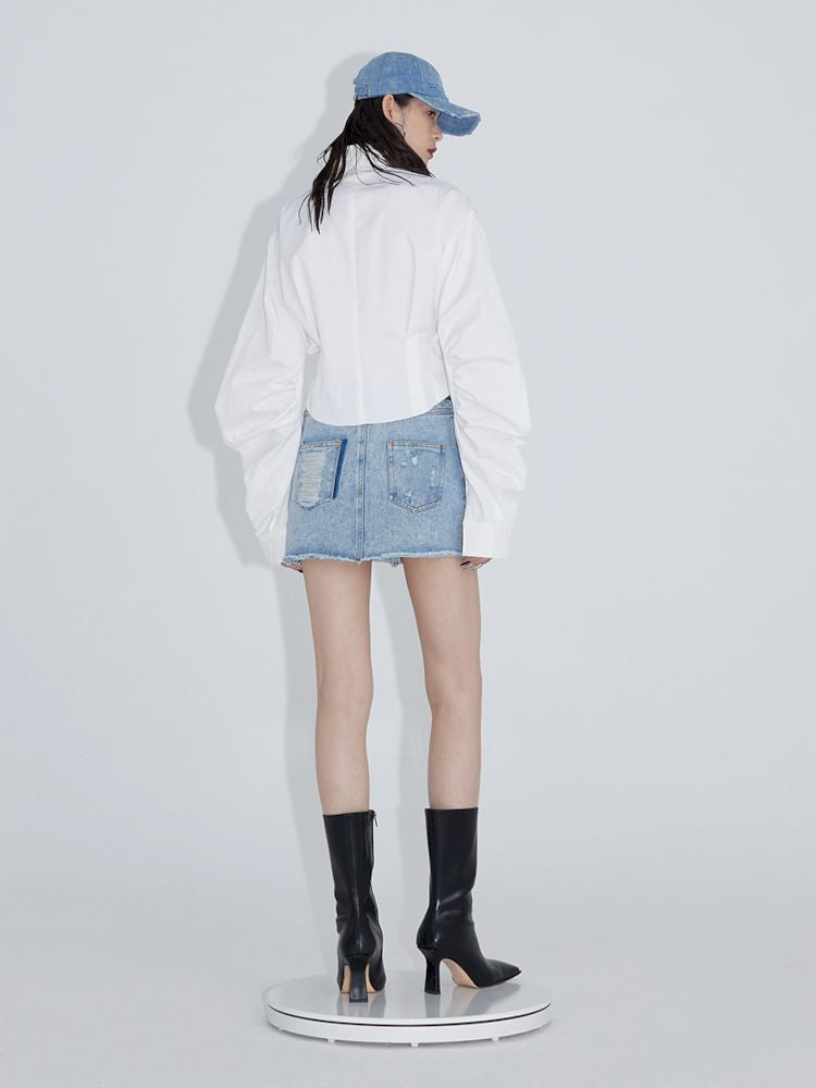 Pinch pleated broken holes Raw edge denim skirt