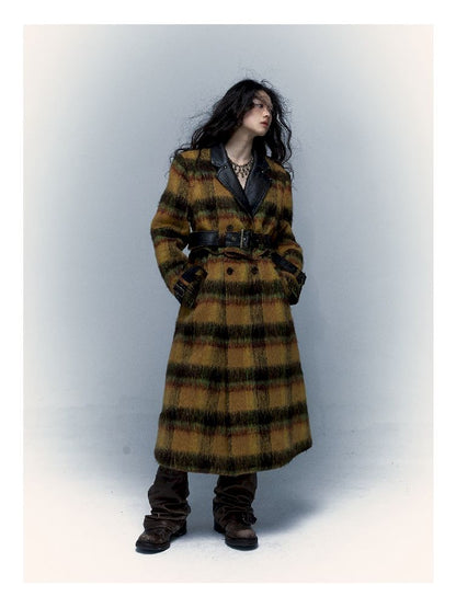 Reversible plaid patchwork leather trench coat