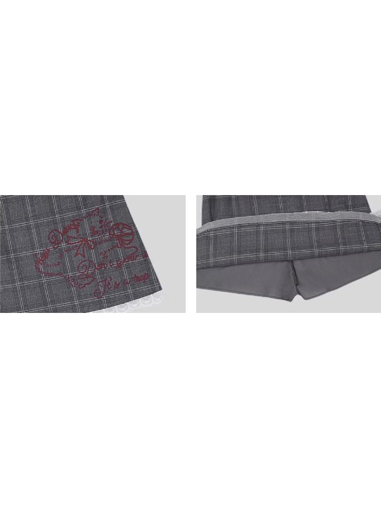 Cat Printed Gray Plaid Skirt