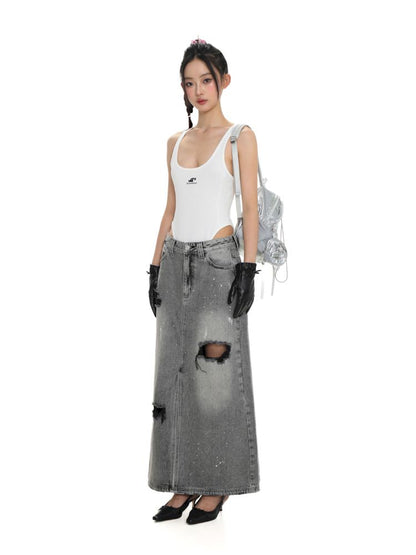 Multiple holes denim long skirt