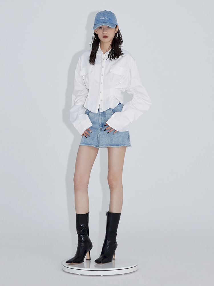 Pinch Pleated Curved Sleeve Short Shirt