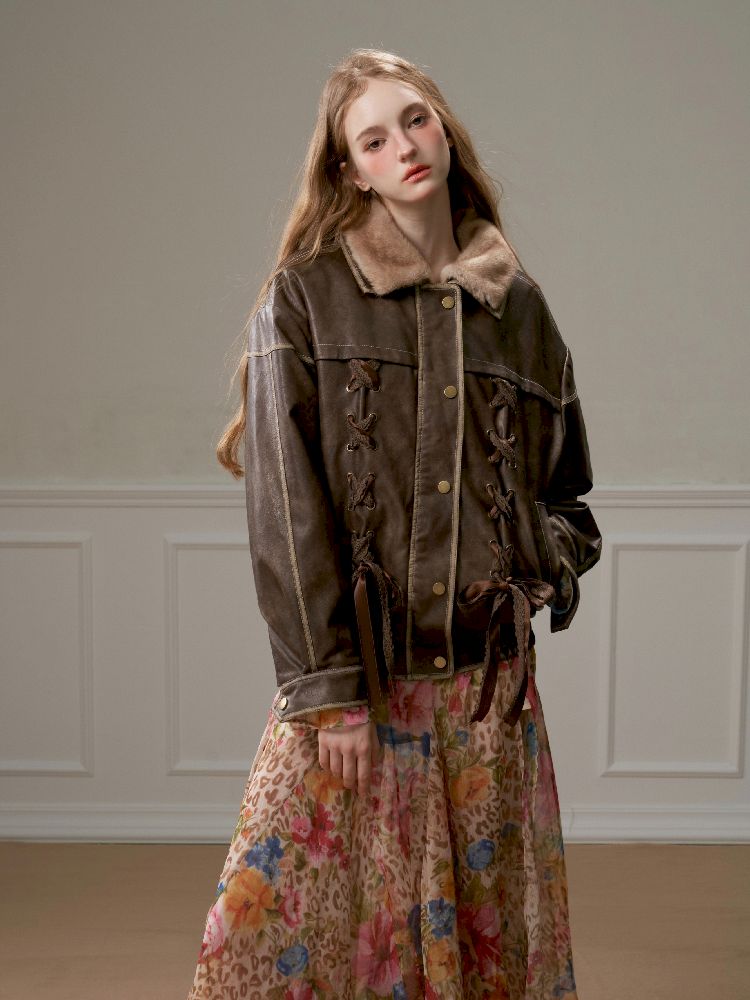 Lace Tie Brown Washed Scrub Color Fur Coat