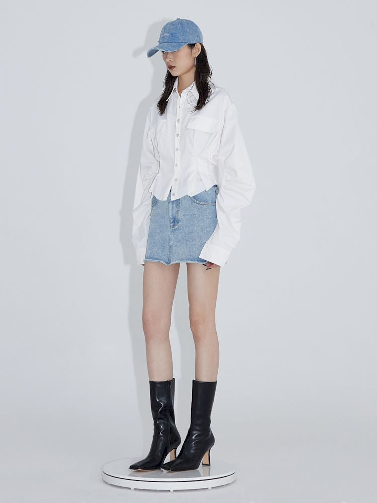 Pinch pleated broken holes Raw edge denim skirt