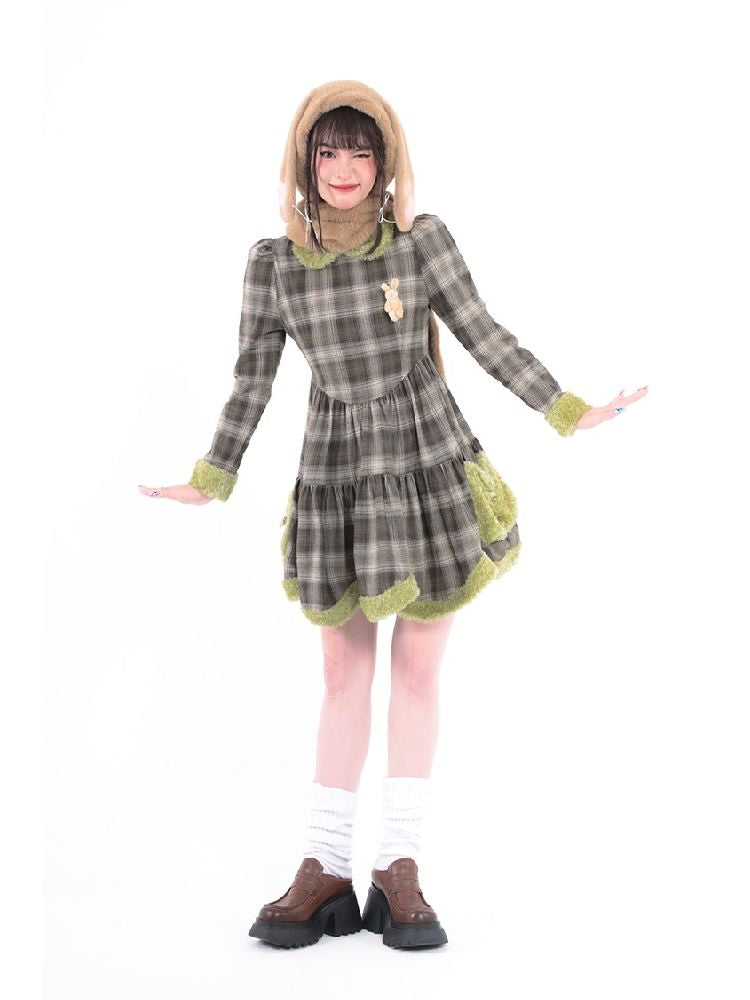 Bunny Doll Green Brown Plaid Petal Dress