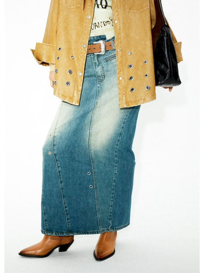 Washed denim slimming straight long half skirt