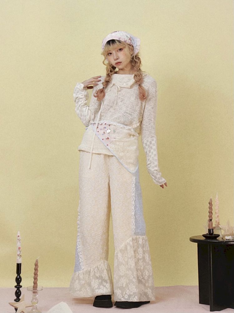 Lace Splicing Wide Leg Flared Pants