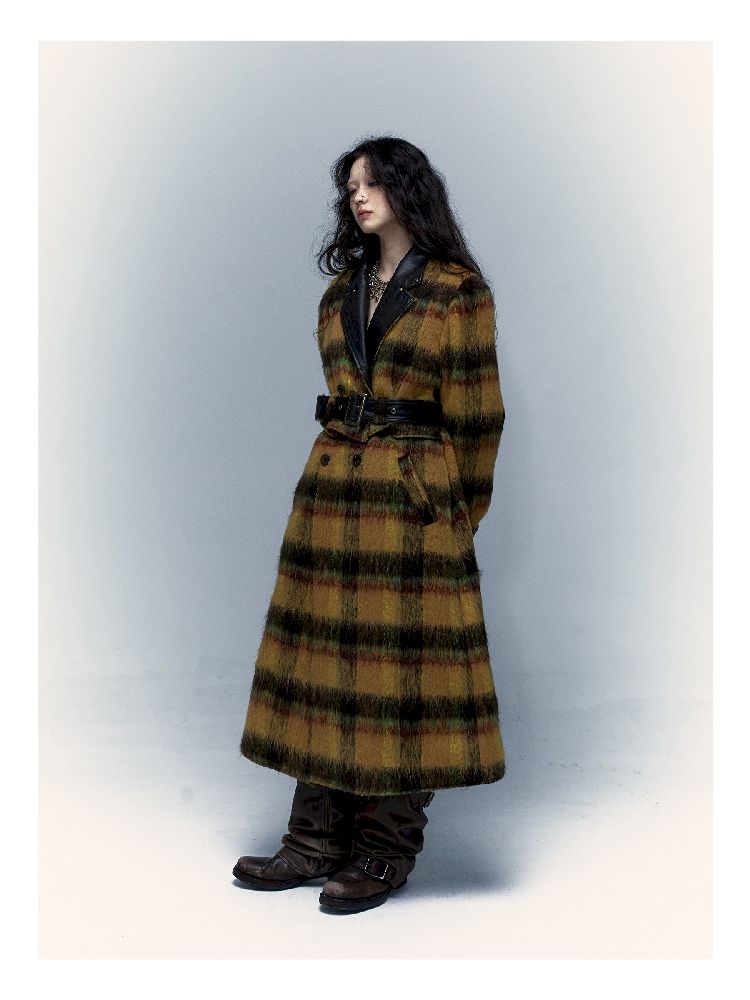 Reversible plaid patchwork leather trench coat