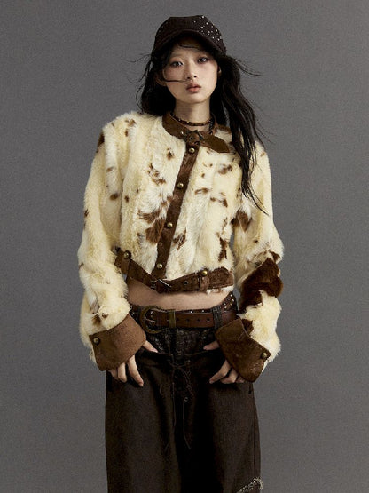 Patchwork collar short fur coat