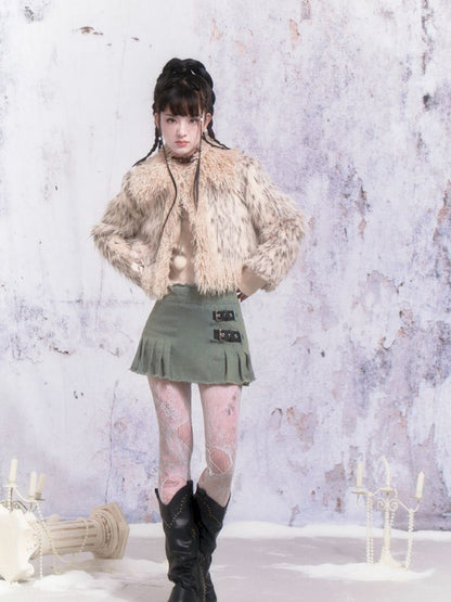 Beige Stripe Patchwork Fox Fur Coat