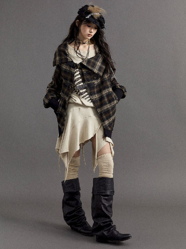 Loose plaid asymmetrical sweater jacket