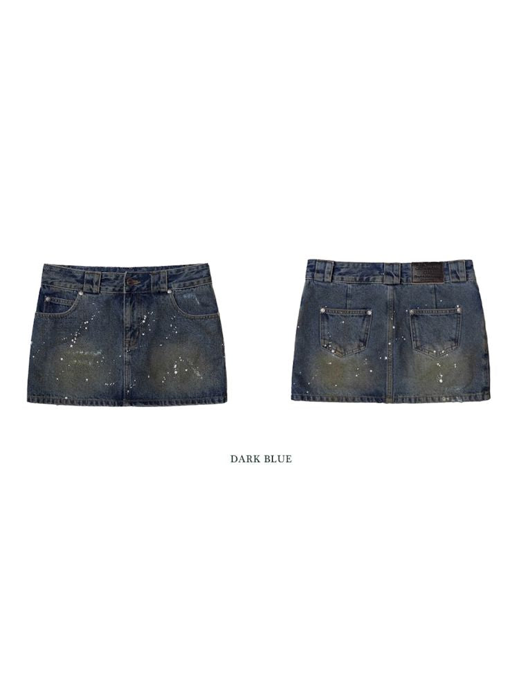 Heavy industry splash ink spray denim short skirt