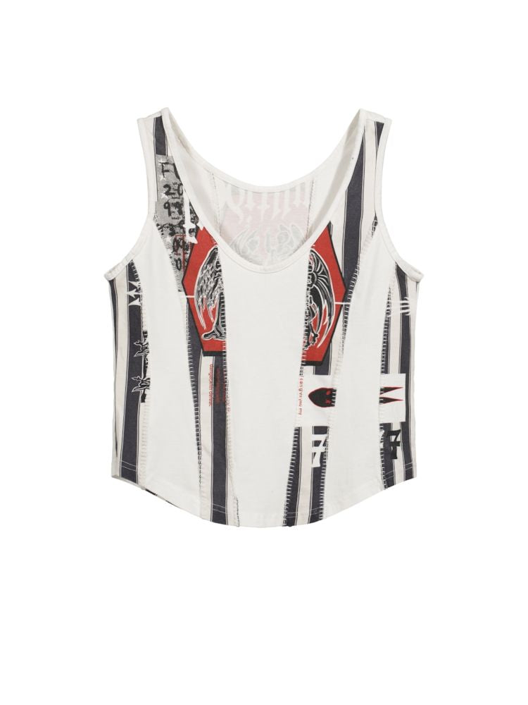 Irregular print patchwork vest T-shirt