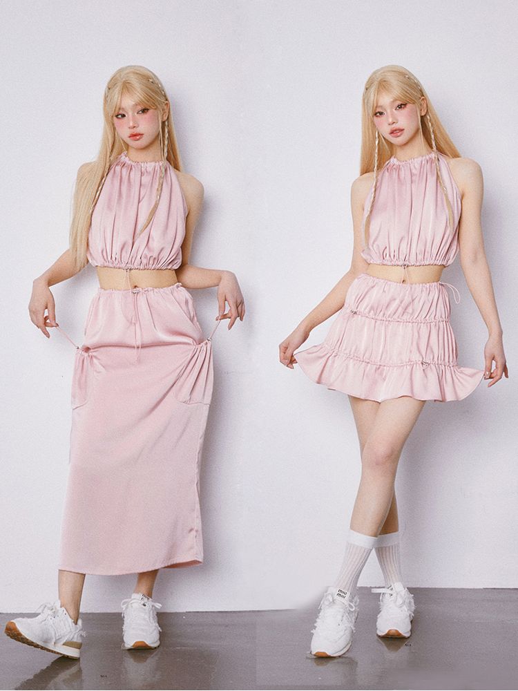 Drawstring Sleeveless Top and Half Skirt Set